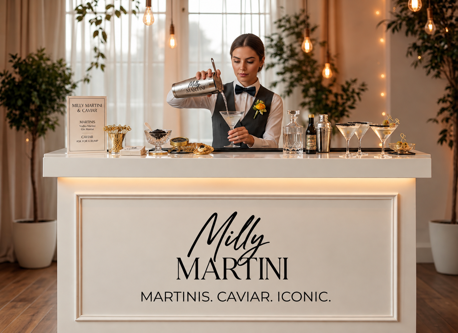 Milly Martini bartender pouring a caviar-rimmed martini at the mobile ivory bar